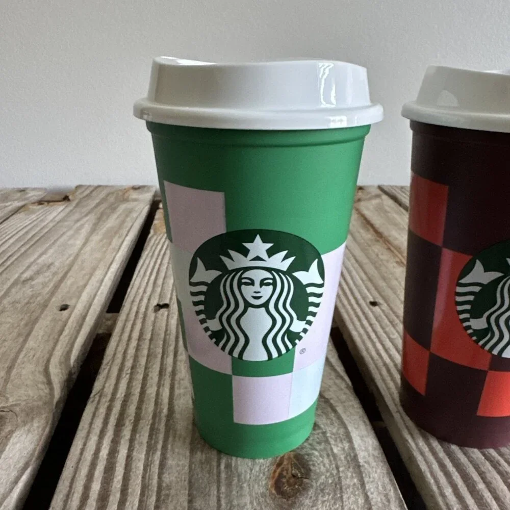 Lot of 2 Starbucks 16 ounce Reusable Coffee Cups Tetris‎ Geometric